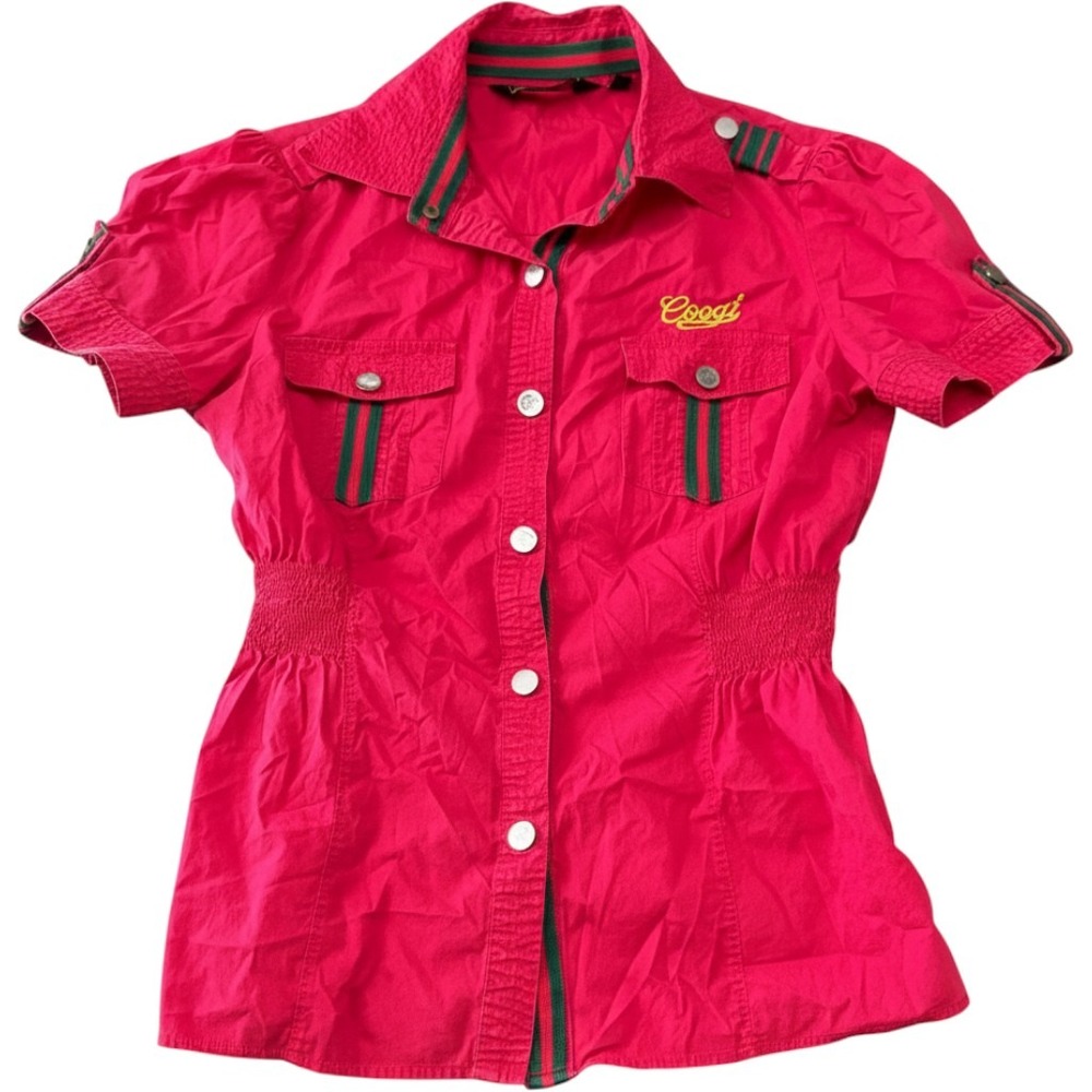 Coogi Red Utility Top Womens Medium Y2K Short Sleeve Smocked Button Shirt Retro